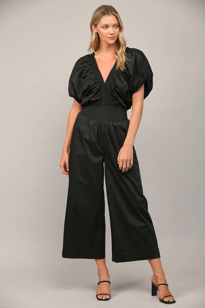 SMOCKED DETAIL OPEN TIE BACK JUMPSUIT