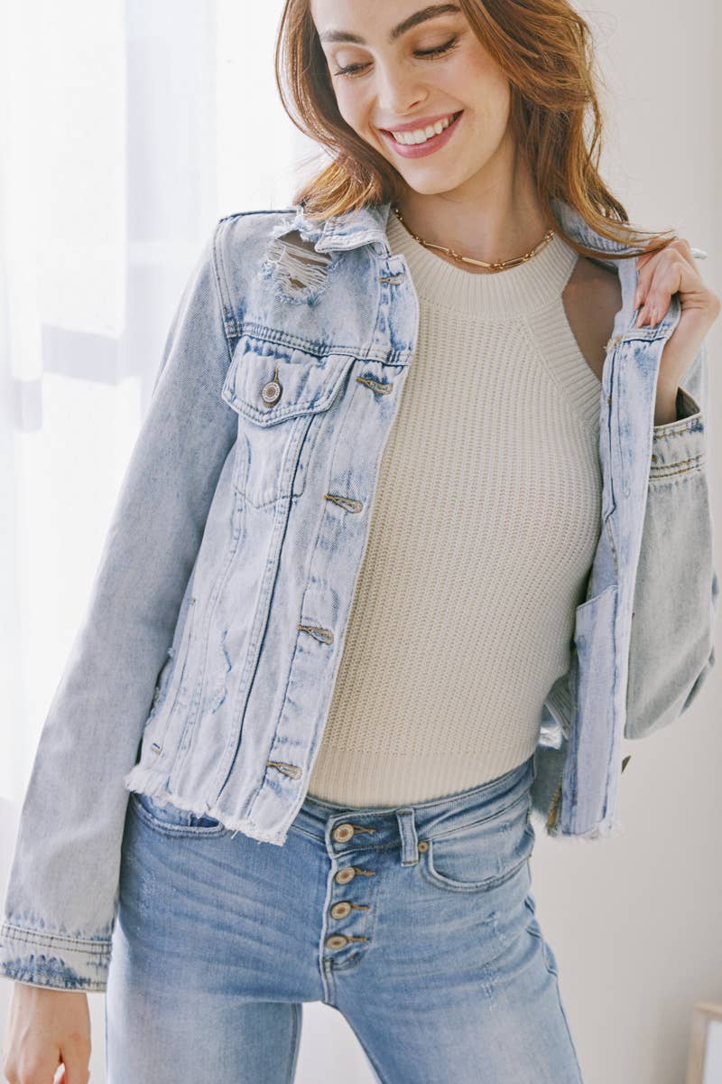 DISTRESSED LIGHT DENIM JACKET - KANCAN