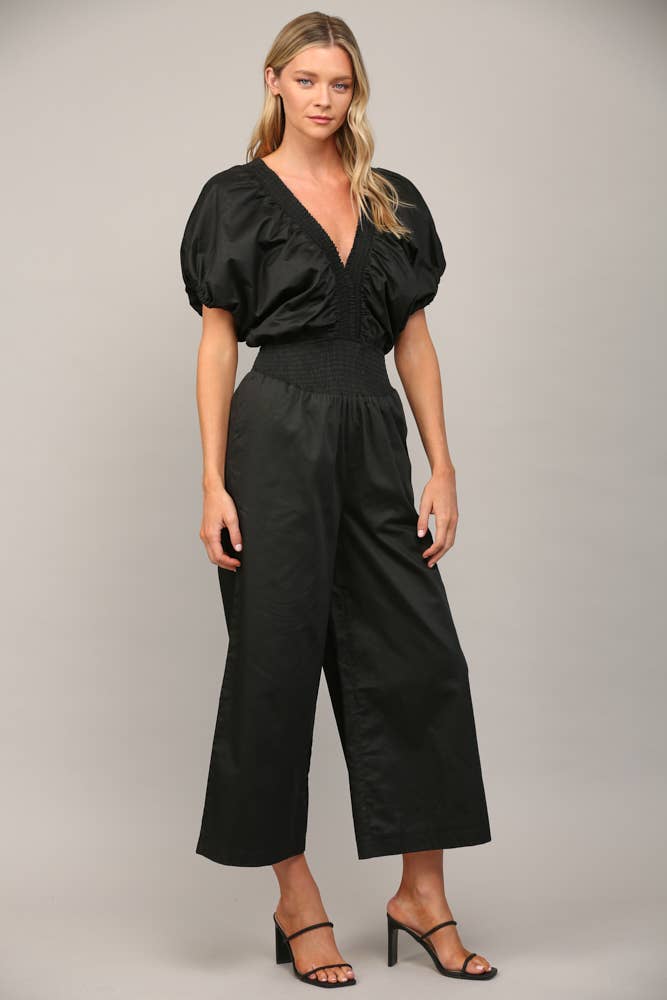 SMOCKED DETAIL OPEN TIE BACK JUMPSUIT