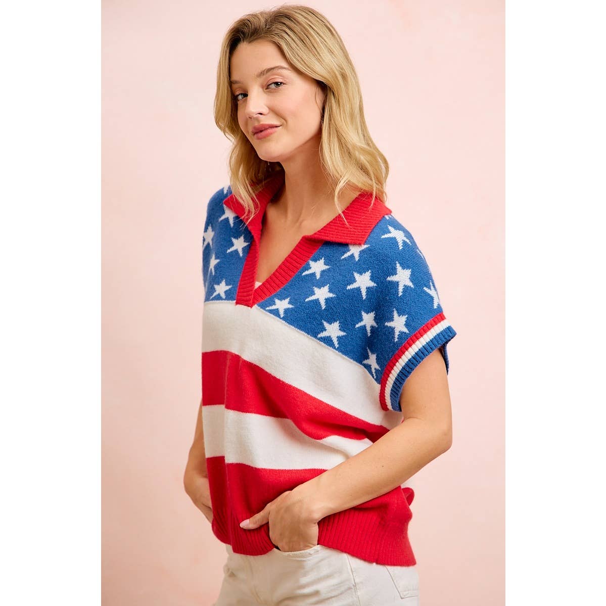 4TH OF JULY STAR STRIPED SLEEVELESS COLLAR KNIT TOP