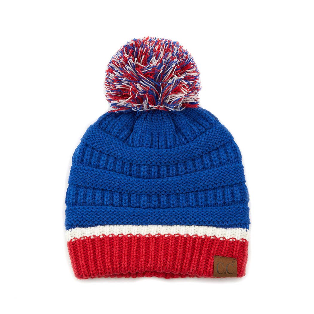 Red, White and Blue - Colorblock Ribbed Beanie with Pom Pom