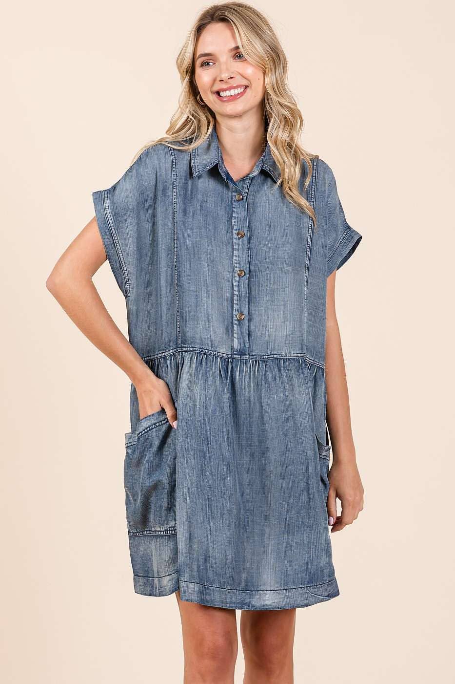 WASHED CHAMBRAY PATCH POCKET SHIRT MINI DRESS