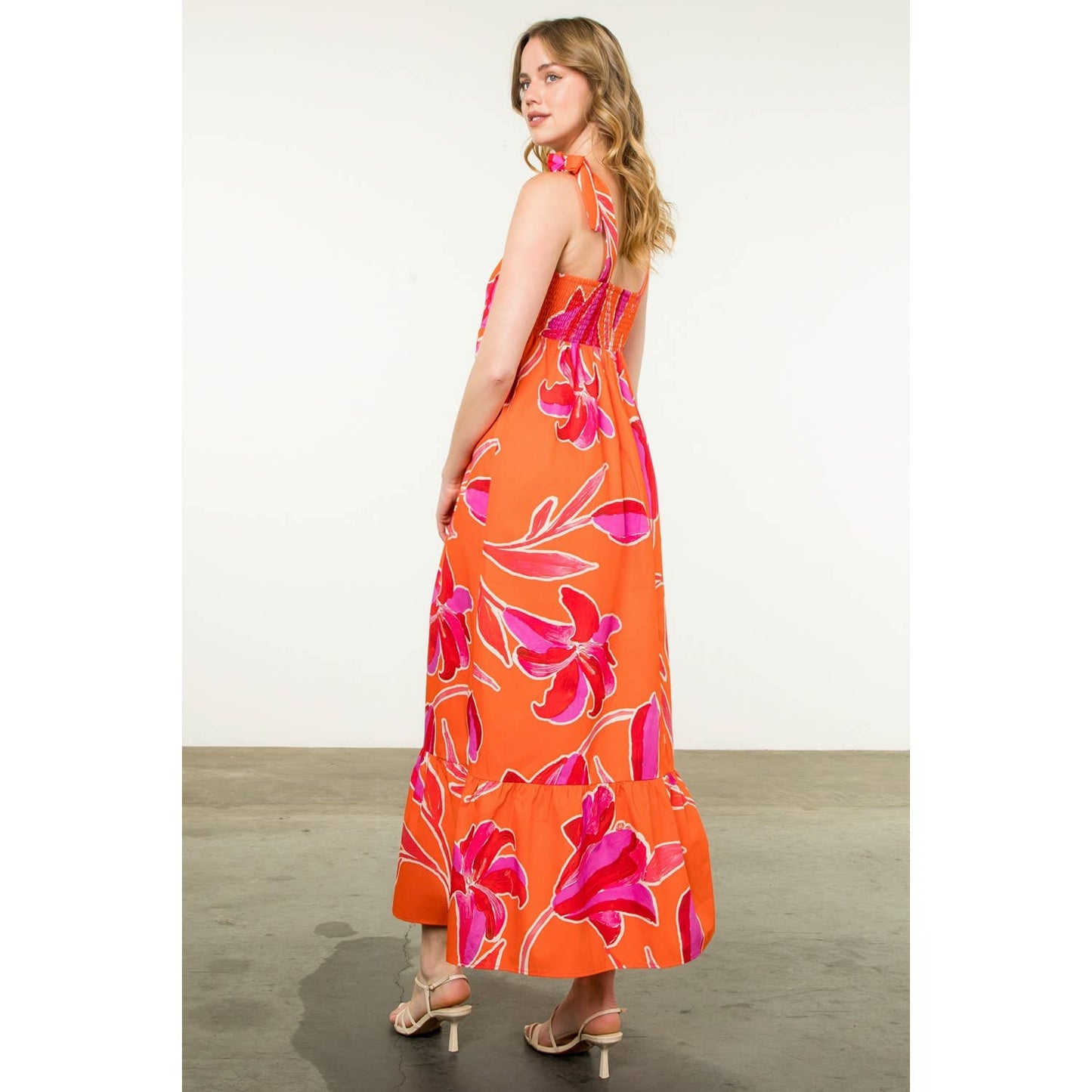 THML Tie Strap Floral Print Maxi Dress