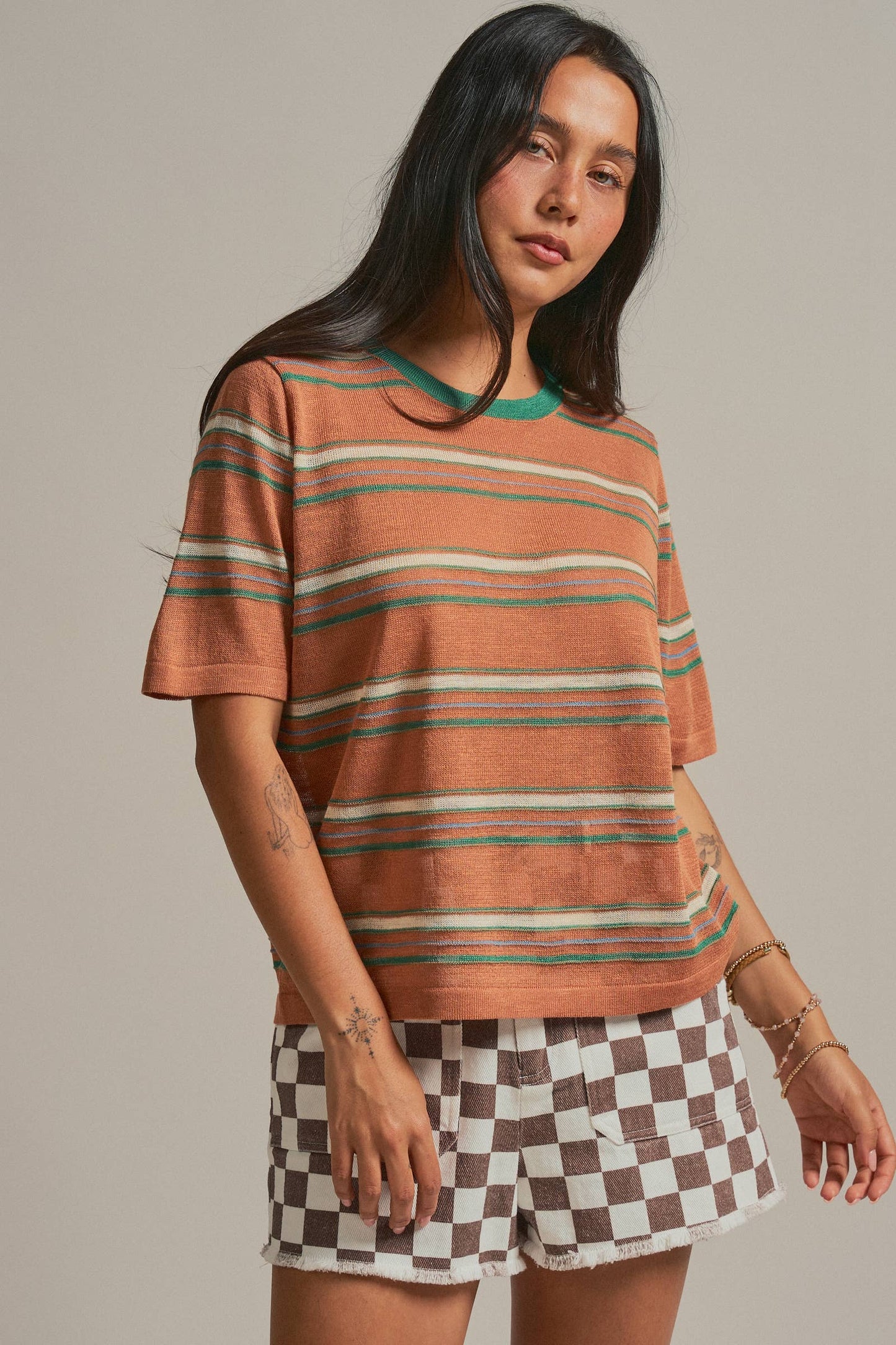 Striped Knit Ringer Tee W Crew Neck