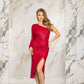 ONE SHOULDER SEQUIN MIDI DRESS - DARK RED