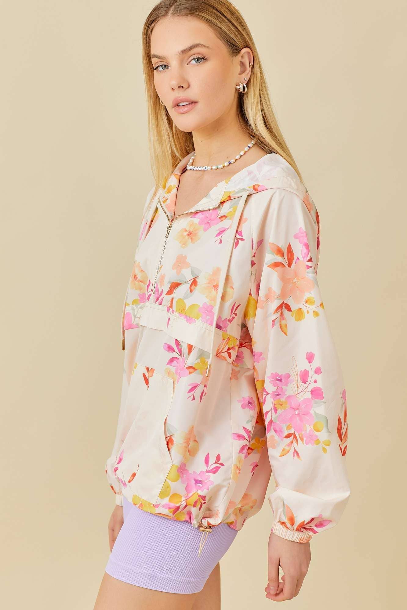 *Floral Print Hoodie Windbreaker