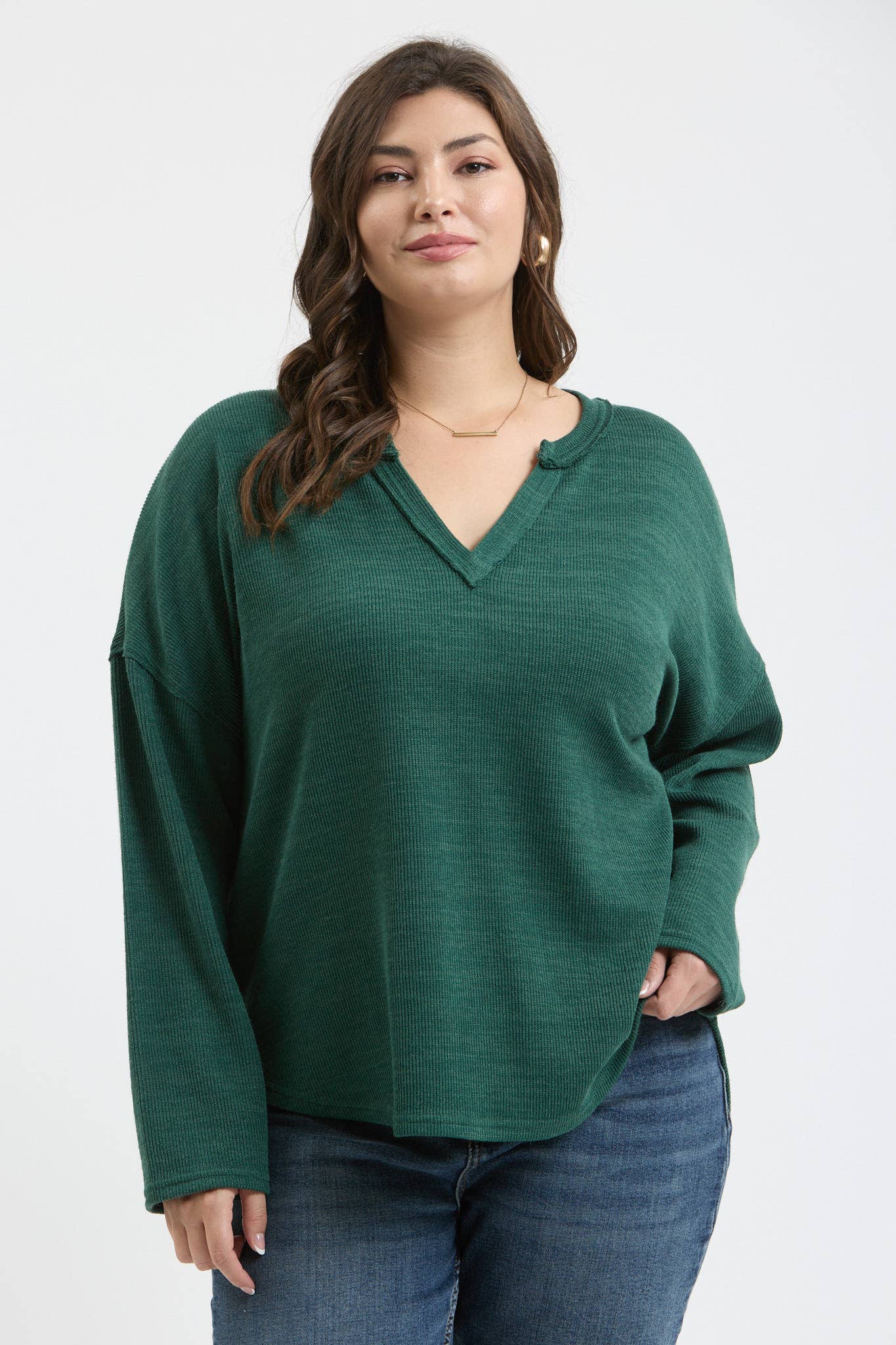 PLUS SOLID NOTCH NECK KNIT TOP - FOREST GREEN