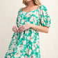 *SOFT FLORAL PRINTED BABYDOLL BUBBLE SLEEVE SIDE POCKET BACK TIED DRESS