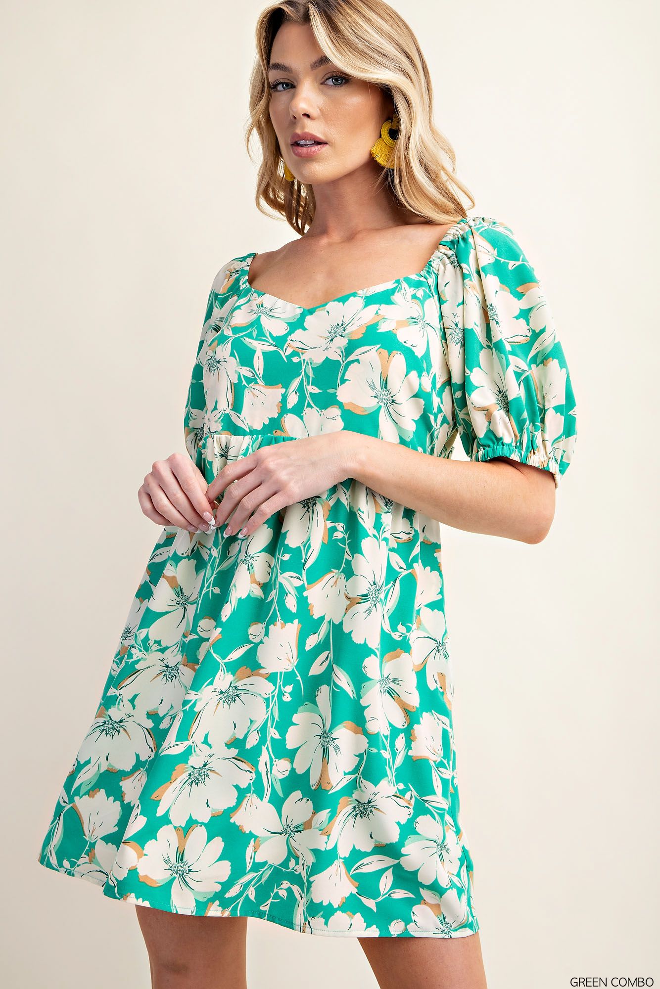 SOFT FLORAL PRINTED BABYDOLL BUBBLE SLEEVE SIDE POCKET BACK TIED DRESS