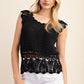 CROCHET SCALLOPED SWEATER SHORT SLEEVES TOP - BLACK