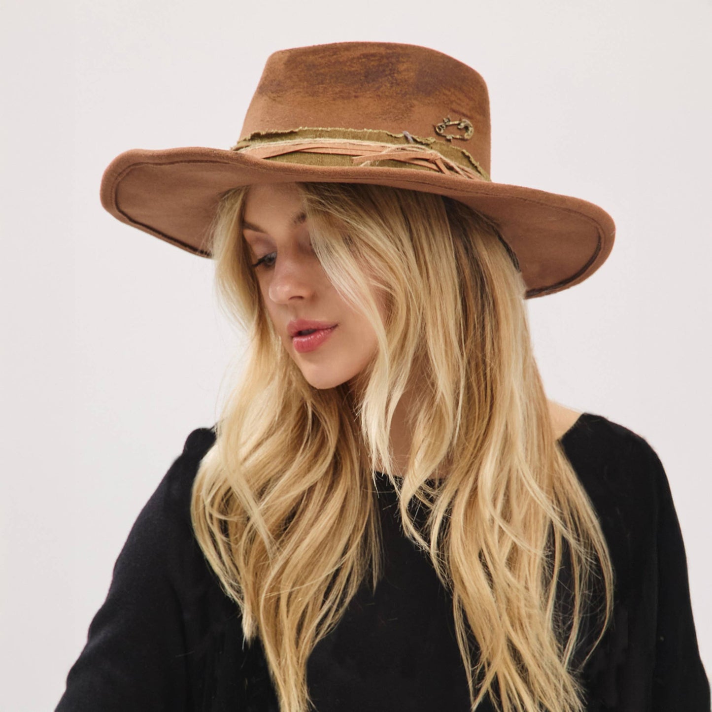 Distressed Fabric Band Rustic Cowgirl Fedora Hat