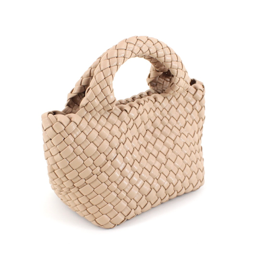 Small Woven Tote Crossbody Bag w/Cosmetic Pouch - Beige