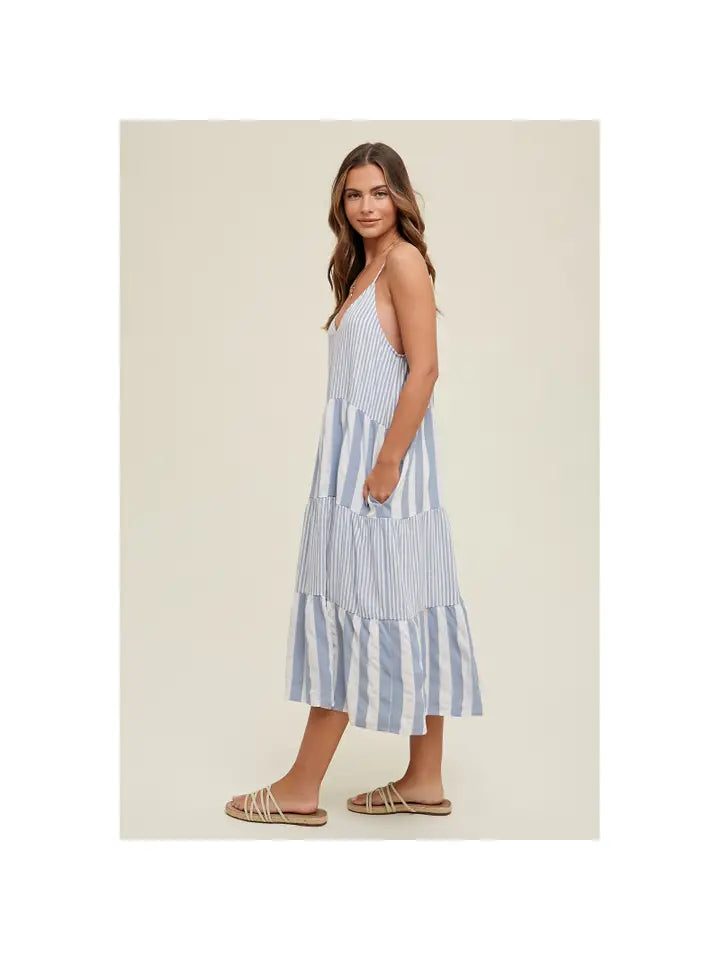 *TIERED MULTI-STRIPPED MIDI DRESS