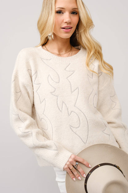 Western Boots Stitch Pattern Crew Neck Sweater