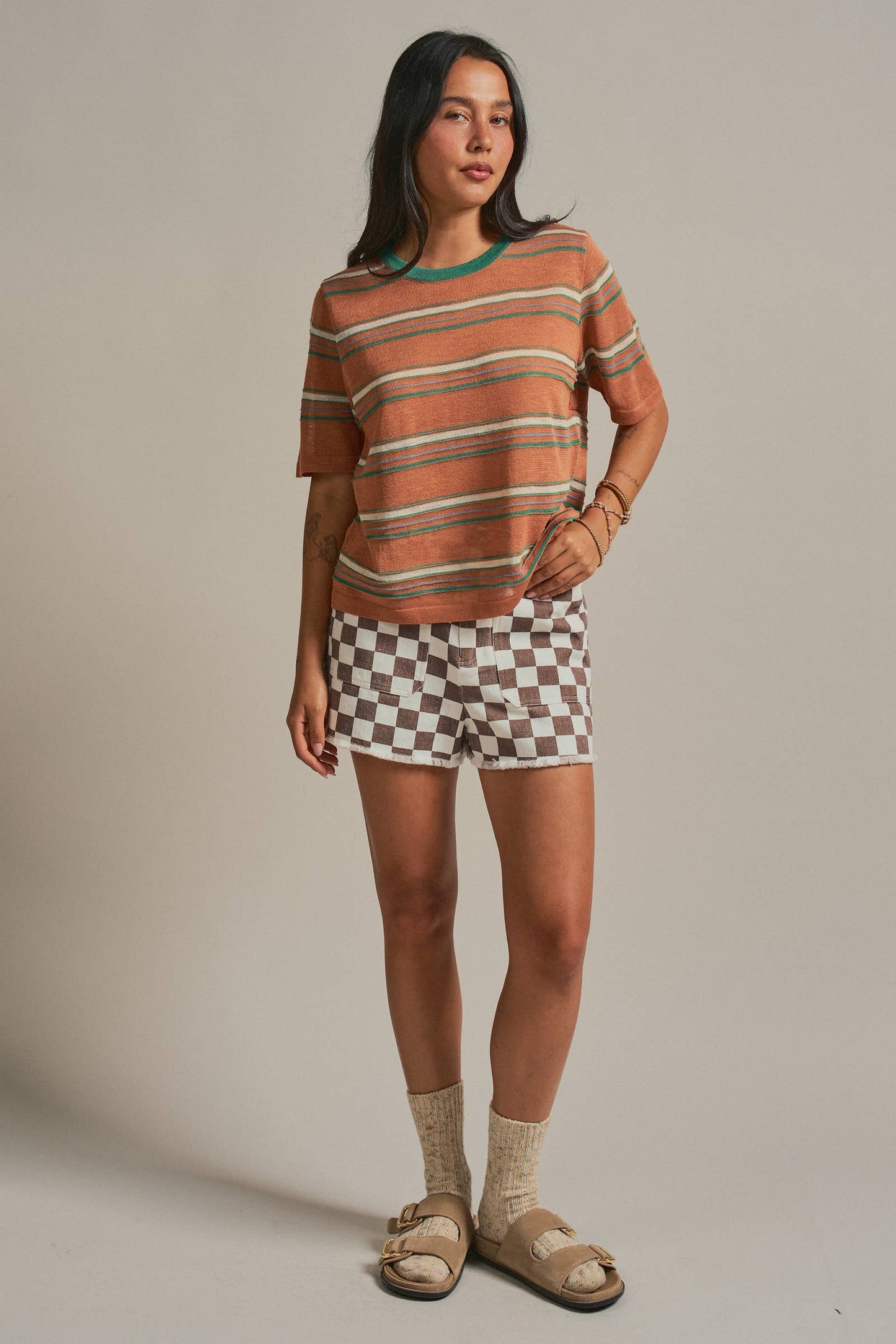 Striped Knit Ringer Tee W Crew Neck