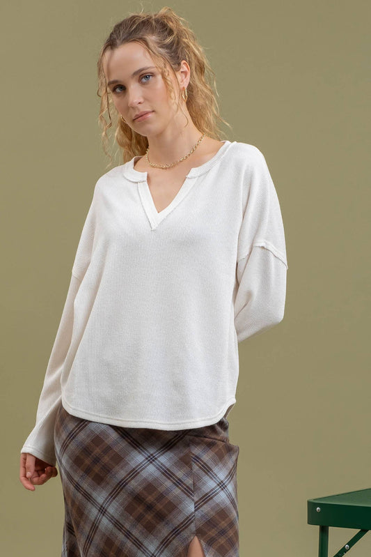 SOLID NOTCH NECK KNIT TOP - CREAM