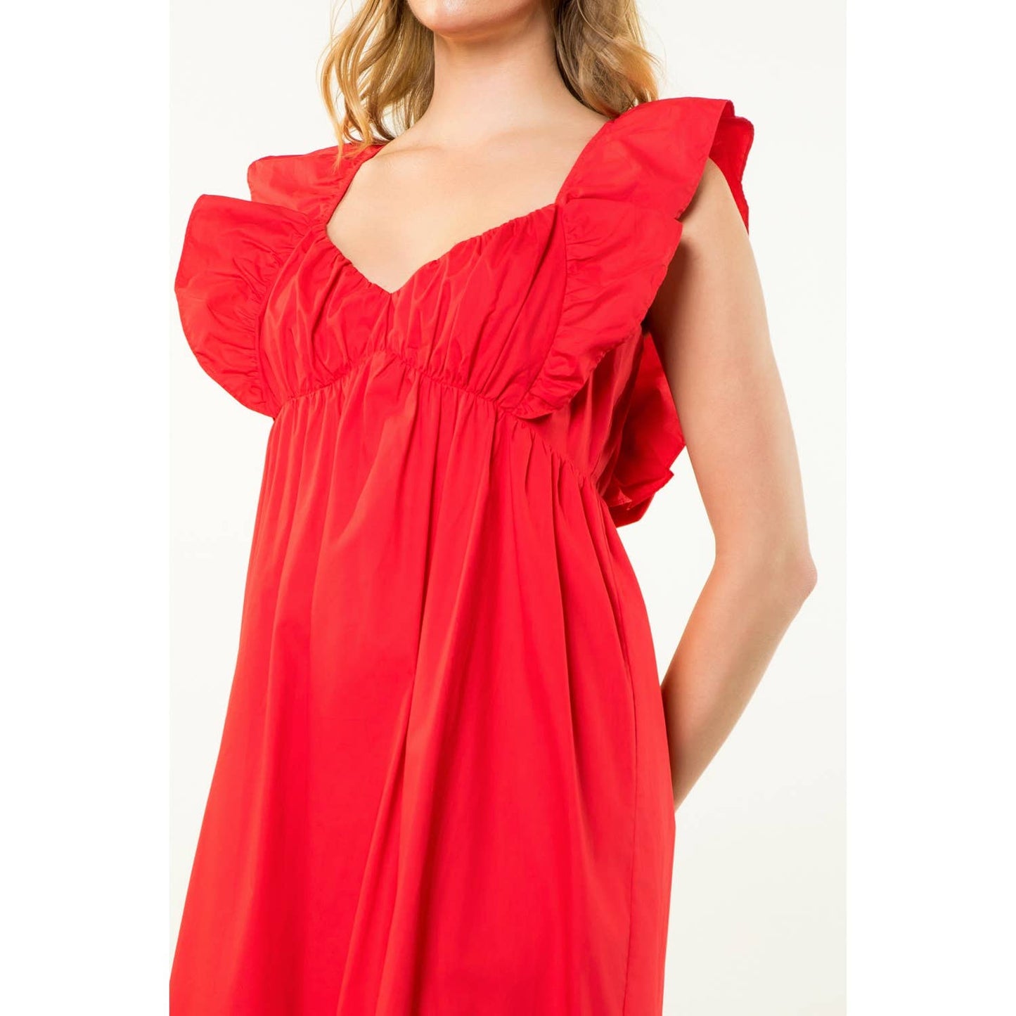 Flutter Sleeve Poplin Dress - Red
