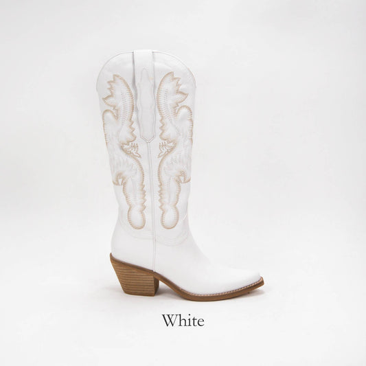 NATALIE TRI-COLOR EMBROIDERY WESTERN BOOTS - WHITE