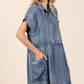 WASHED CHAMBRAY PATCH POCKET SHIRT MINI DRESS