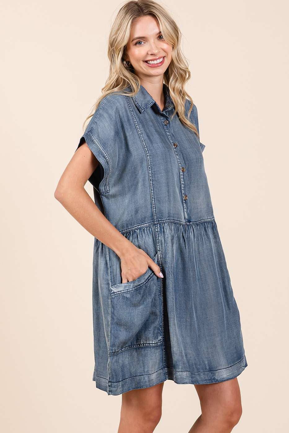 WASHED CHAMBRAY PATCH POCKET SHIRT MINI DRESS