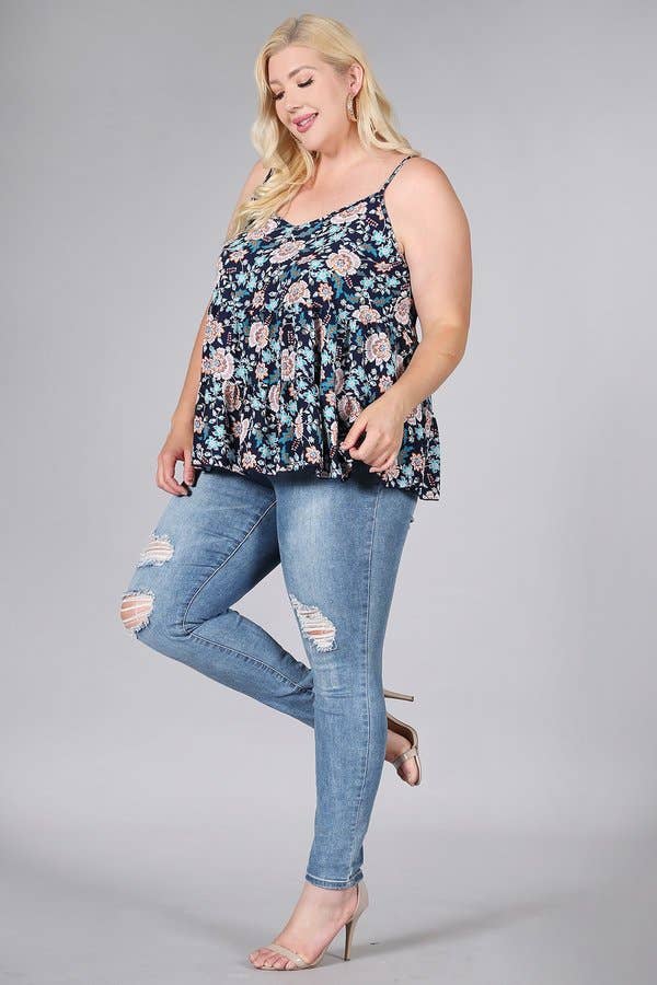 Floral Paisley Print Ruffle Cami Plus Size Top