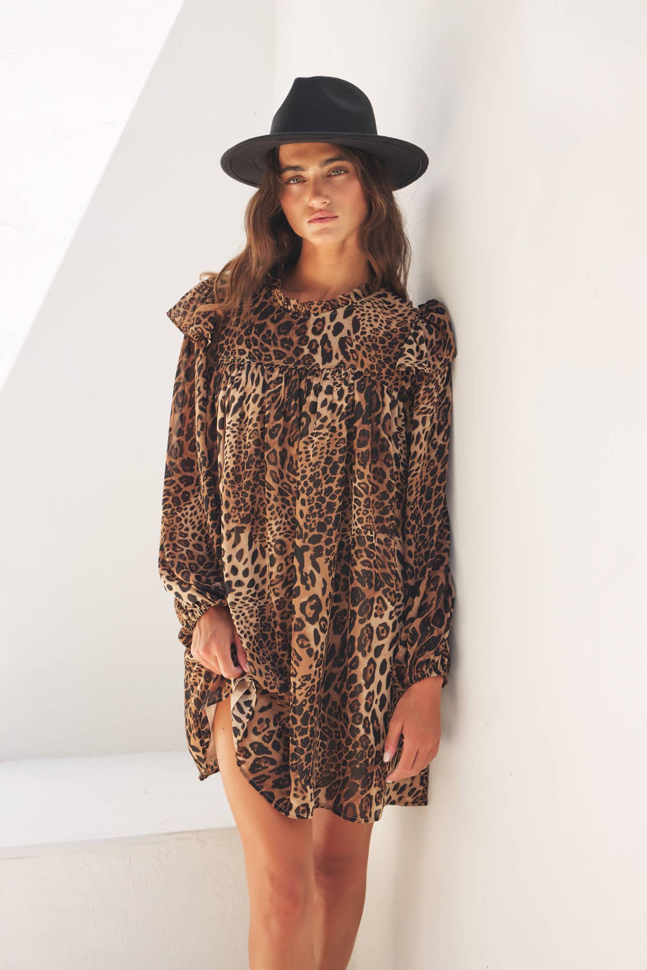 CHIC LEOPARD SHEER CHIFFON MINI DRESS WITH RUFFLES