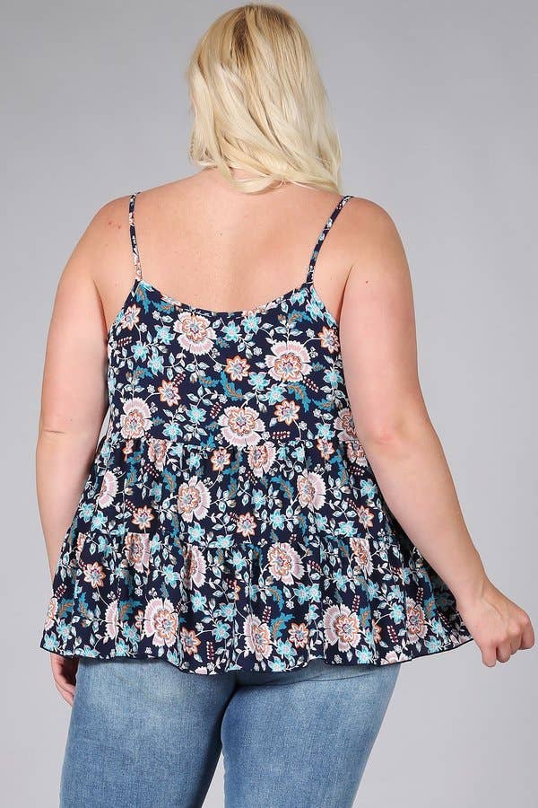 Floral Paisley Print Ruffle Cami Plus Size Top