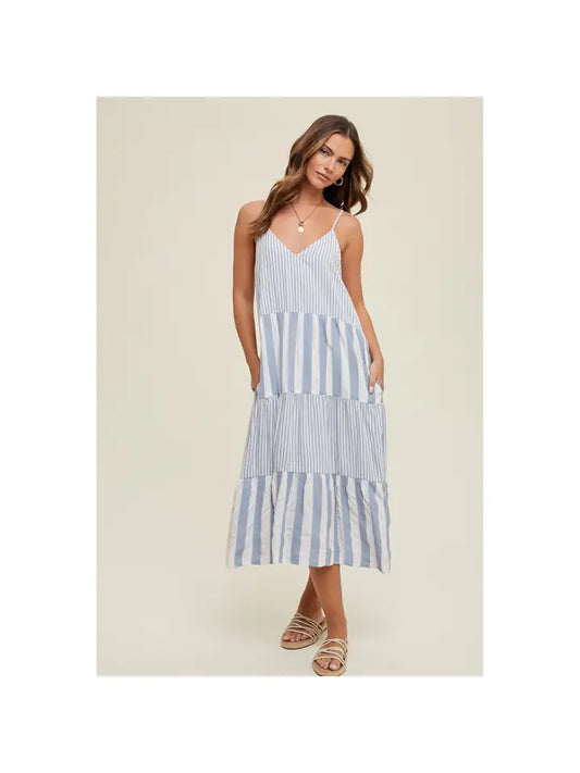 TIERED MULTI-STRIPPED MIDI DRESS