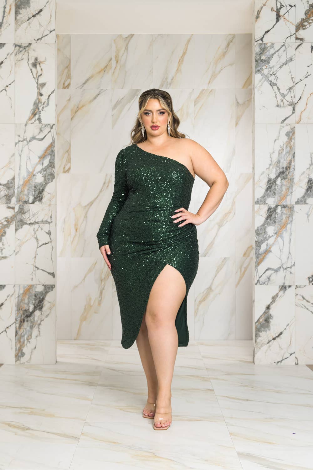 ONE SHOULDER SEQUIN MIDI DRESS - HUNTER GREEN