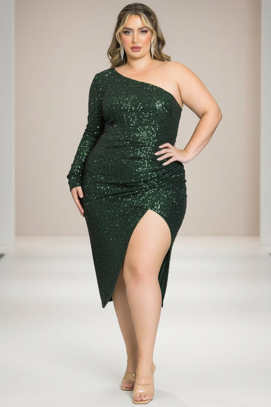 *ONE SHOULDER SEQUIN MIDI DRESS - HUNTER GREEN