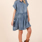 WASHED CHAMBRAY PATCH POCKET SHIRT MINI DRESS