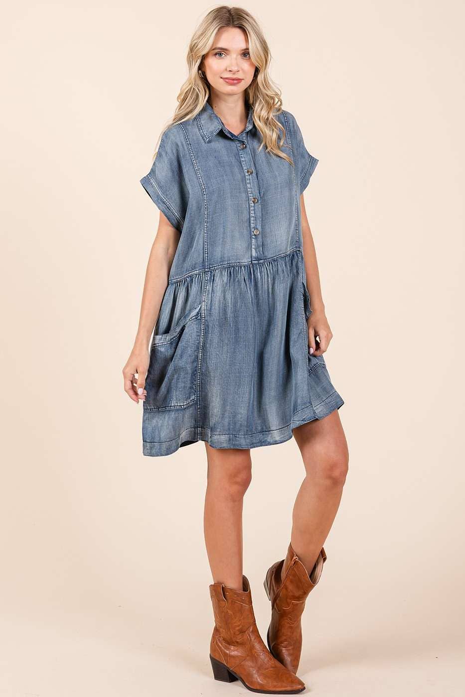 WASHED CHAMBRAY PATCH POCKET SHIRT MINI DRESS