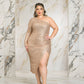 ONE SHOULDER SEQUIN MIDI DRESS - CHAMPAGNE