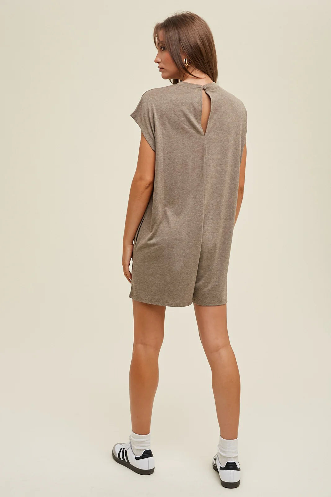 DARK MOCHA MELANGE KNIT BOXY ROMPER WITH POCKETS