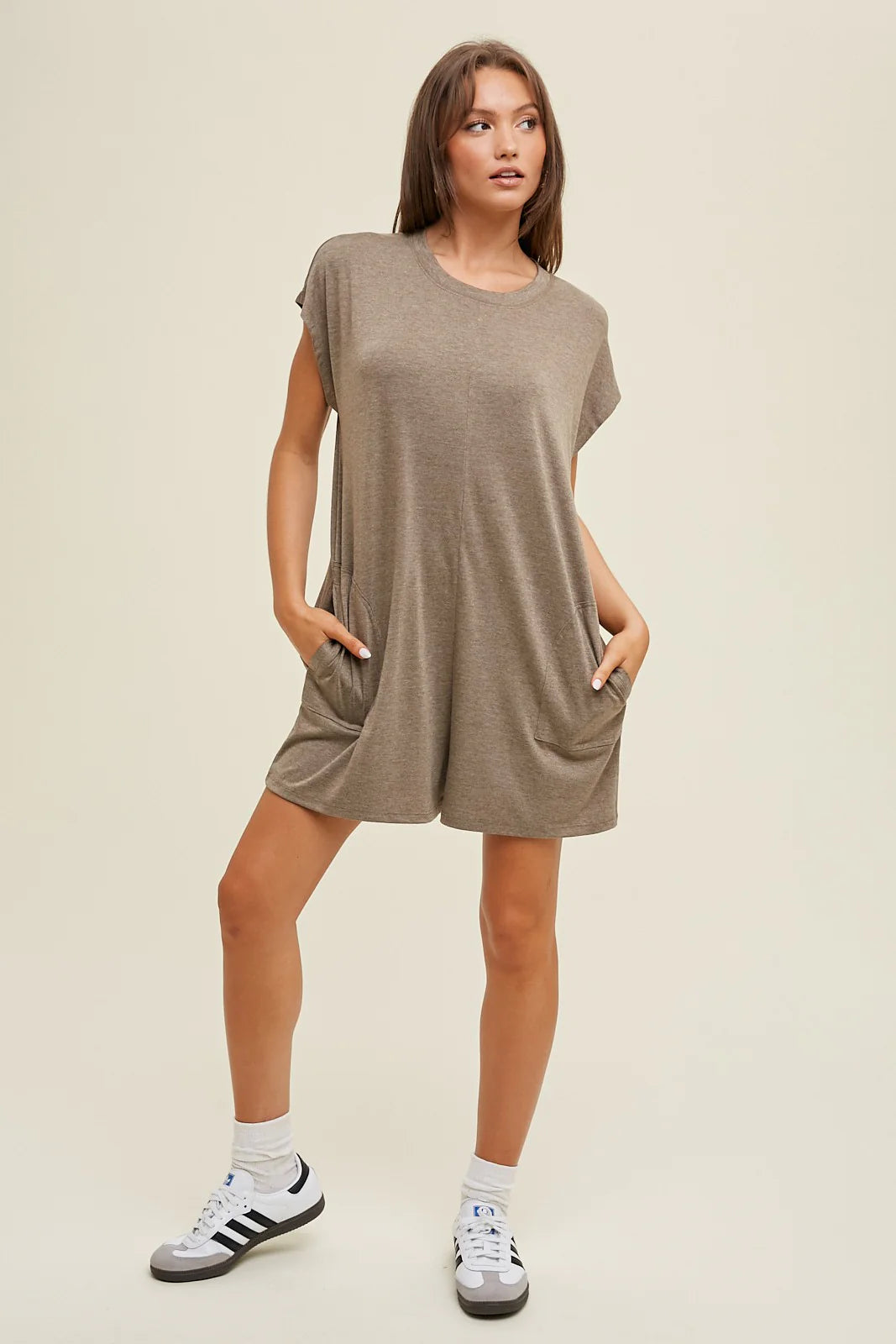 DARK MOCHA MELANGE KNIT BOXY ROMPER WITH POCKETS