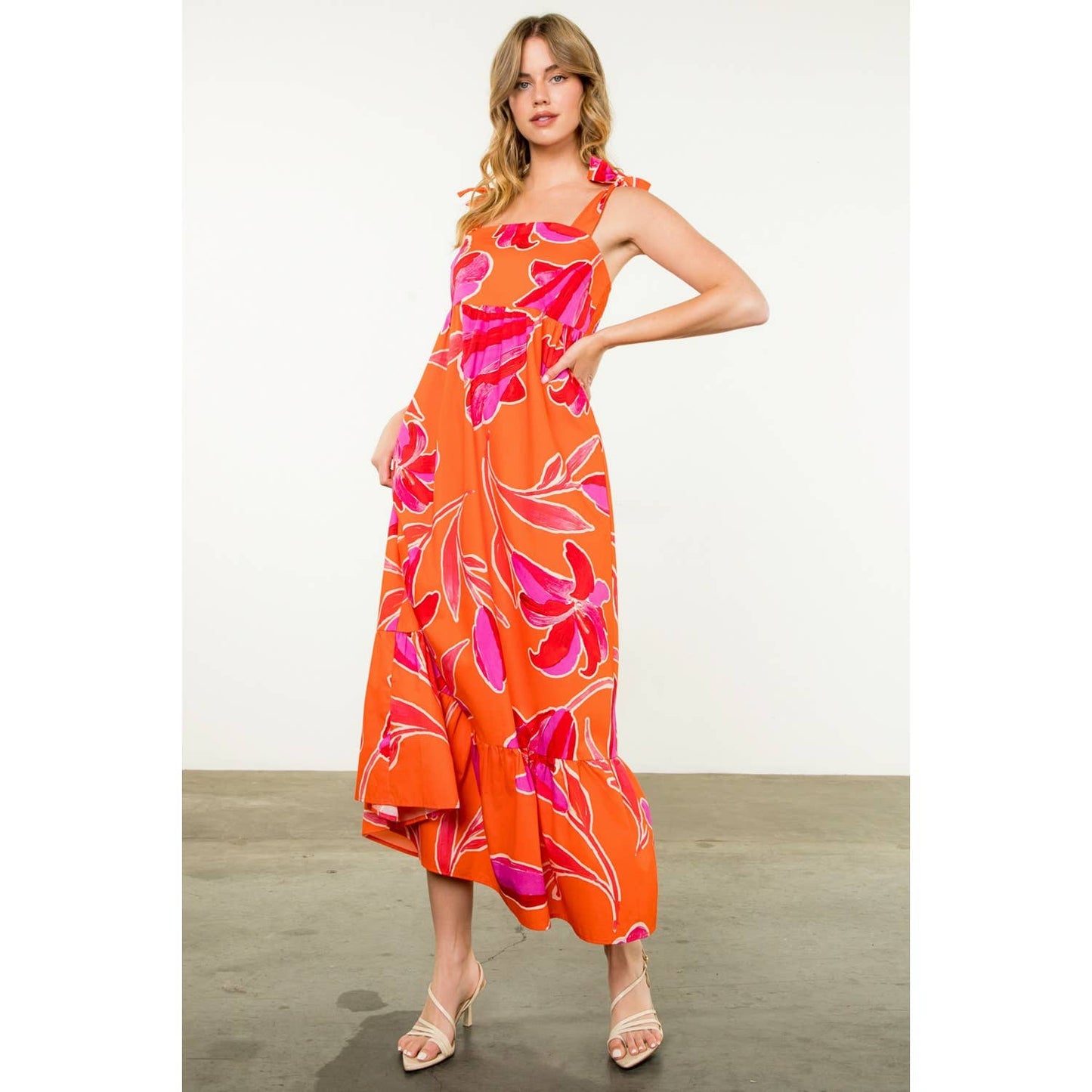 THML Tie Strap Floral Print Maxi Dress