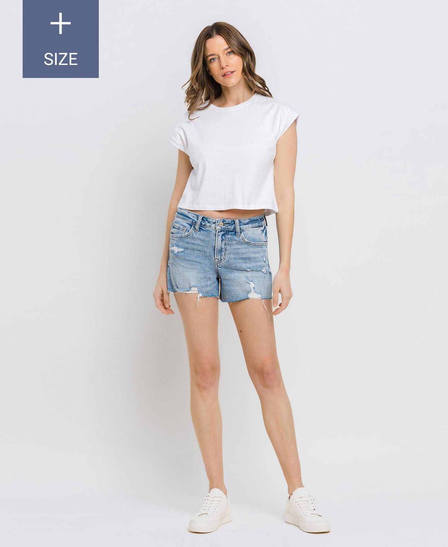 PLUS SIZE MID RISE RAW DISTRESSED HEM SHORTS