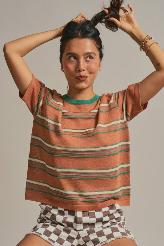 Striped Knit Ringer Tee W Crew Neck