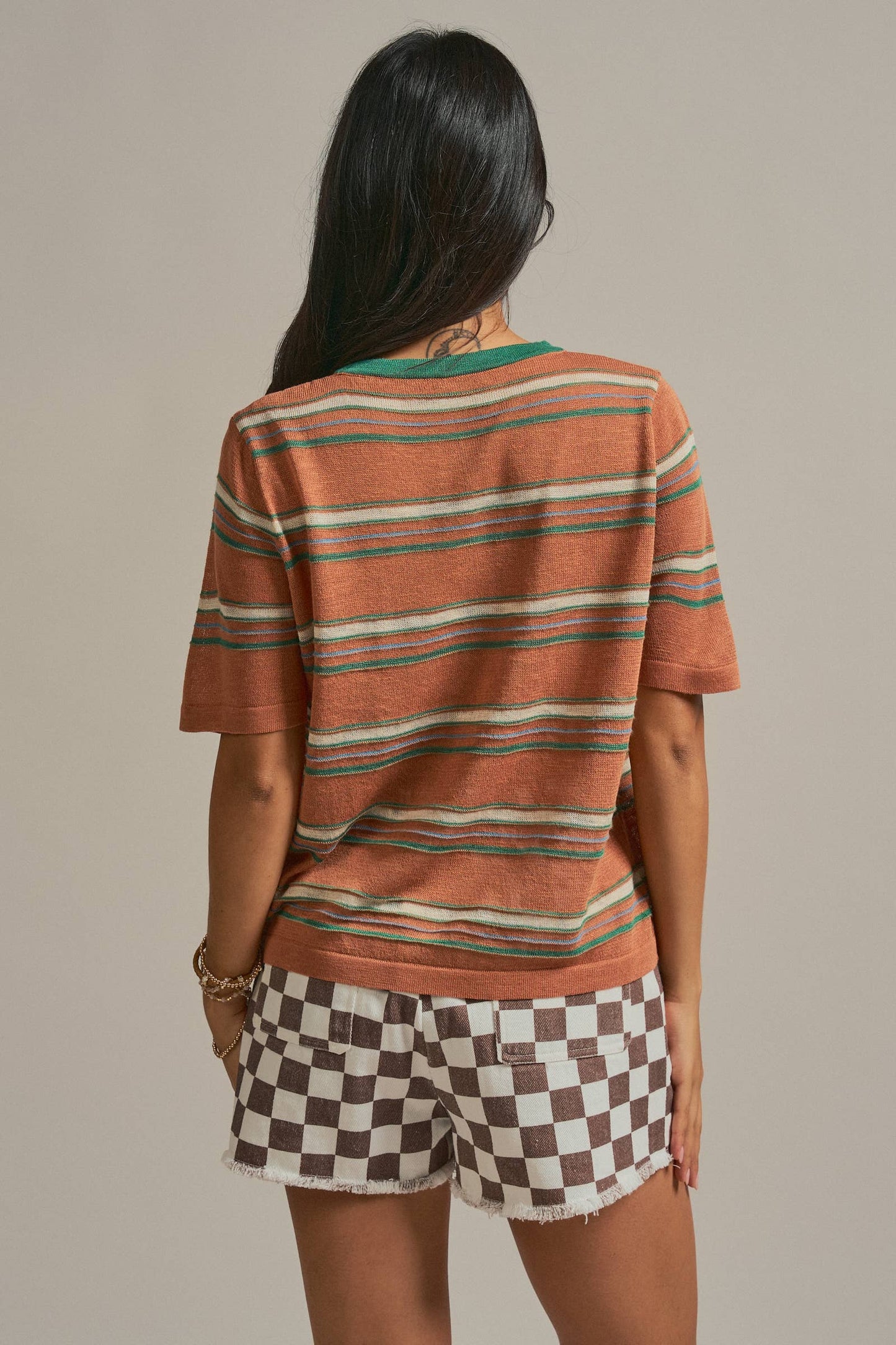 Striped Knit Ringer Tee W Crew Neck
