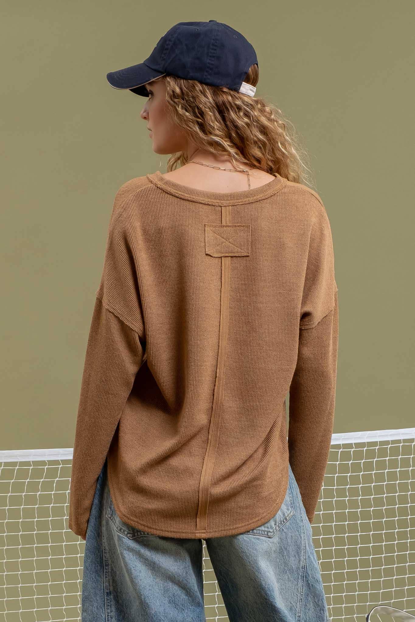 SOLID NOTCH NECK KNIT TOP - ALMOND