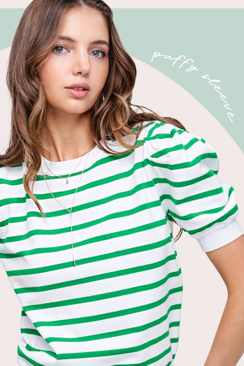 *Puff  Short Sleeve Spring Summer Stripe Top - Apple Green