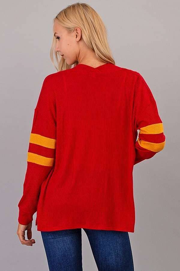 Sleeve Color Block Brush Hacci Cardigan - Red and Gold