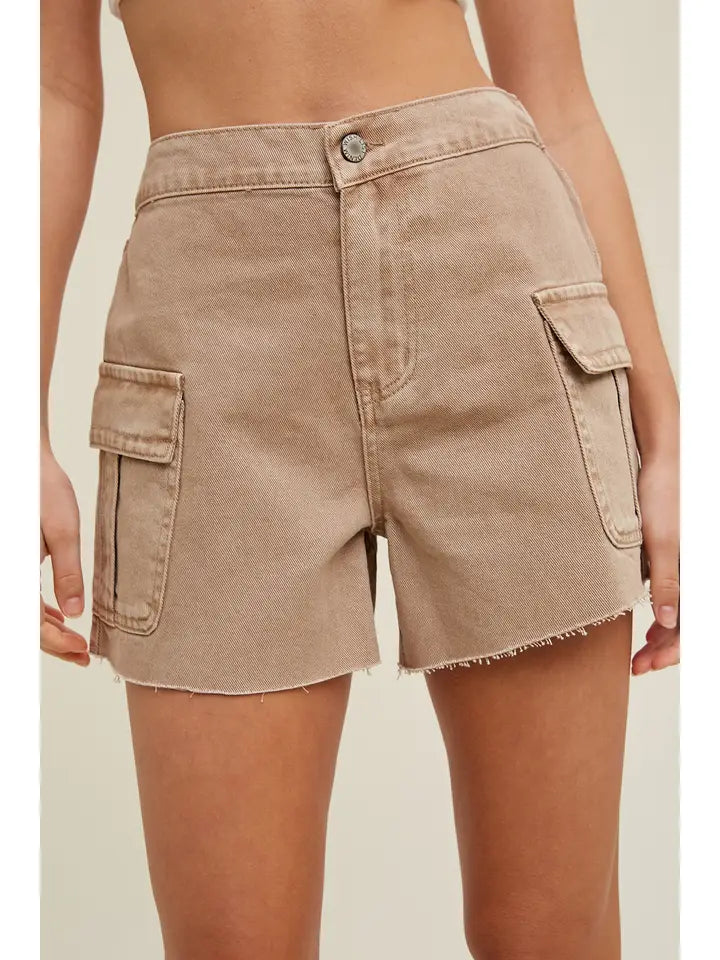 MOCHA DENIM CARGO SHORTS