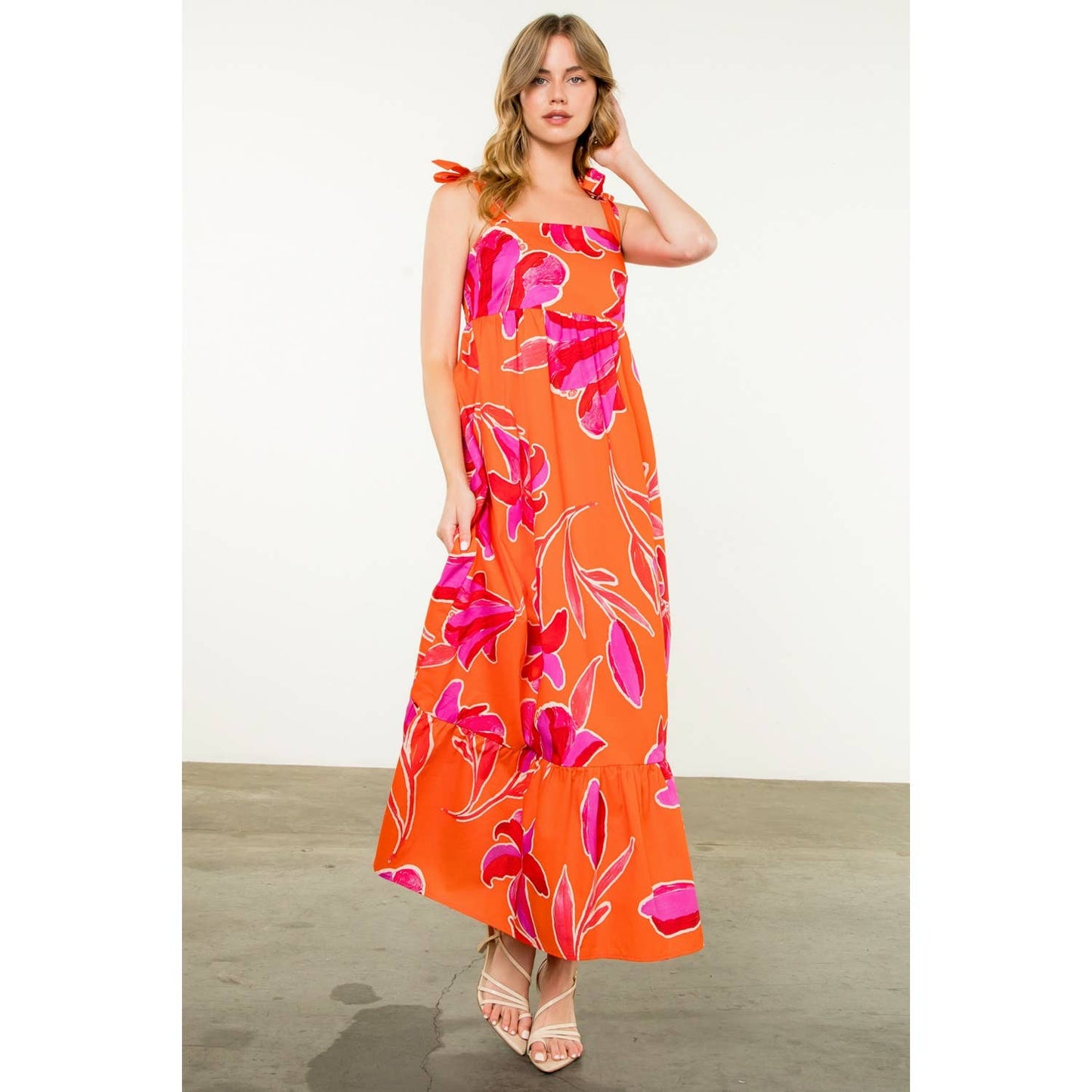 THML Tie Strap Floral Print Maxi Dress