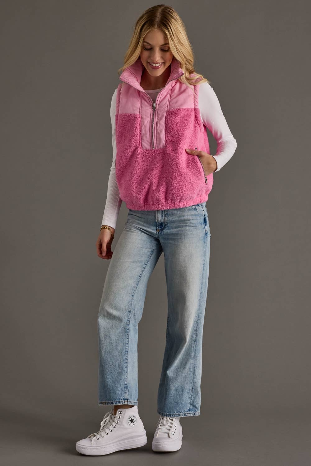 Lt. Pink 3/4 Zip Quilted Sherpa Vest