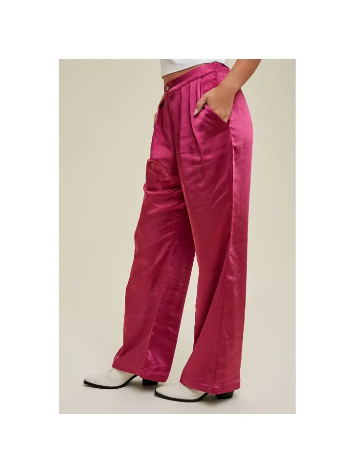 FUCHSIA SATIN WIDE-LEG PANTS WITH PLEATED DETAIL