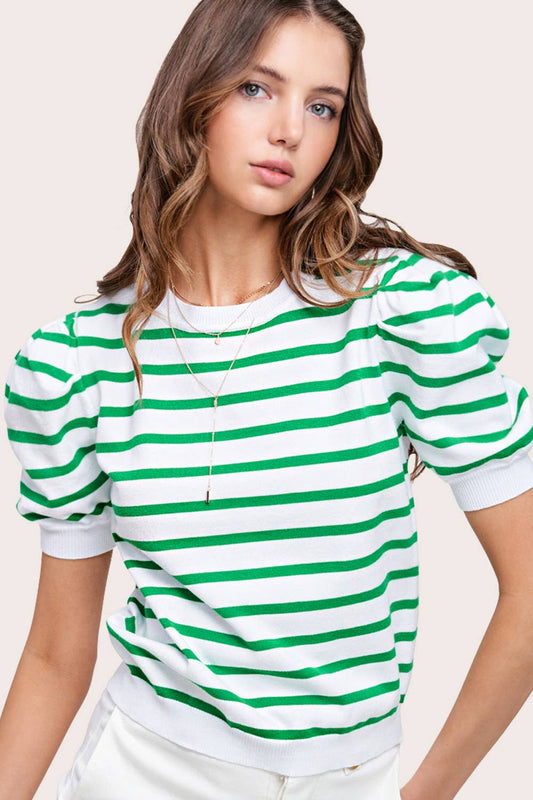 *Puff  Short Sleeve Spring Summer Stripe Top - Apple Green