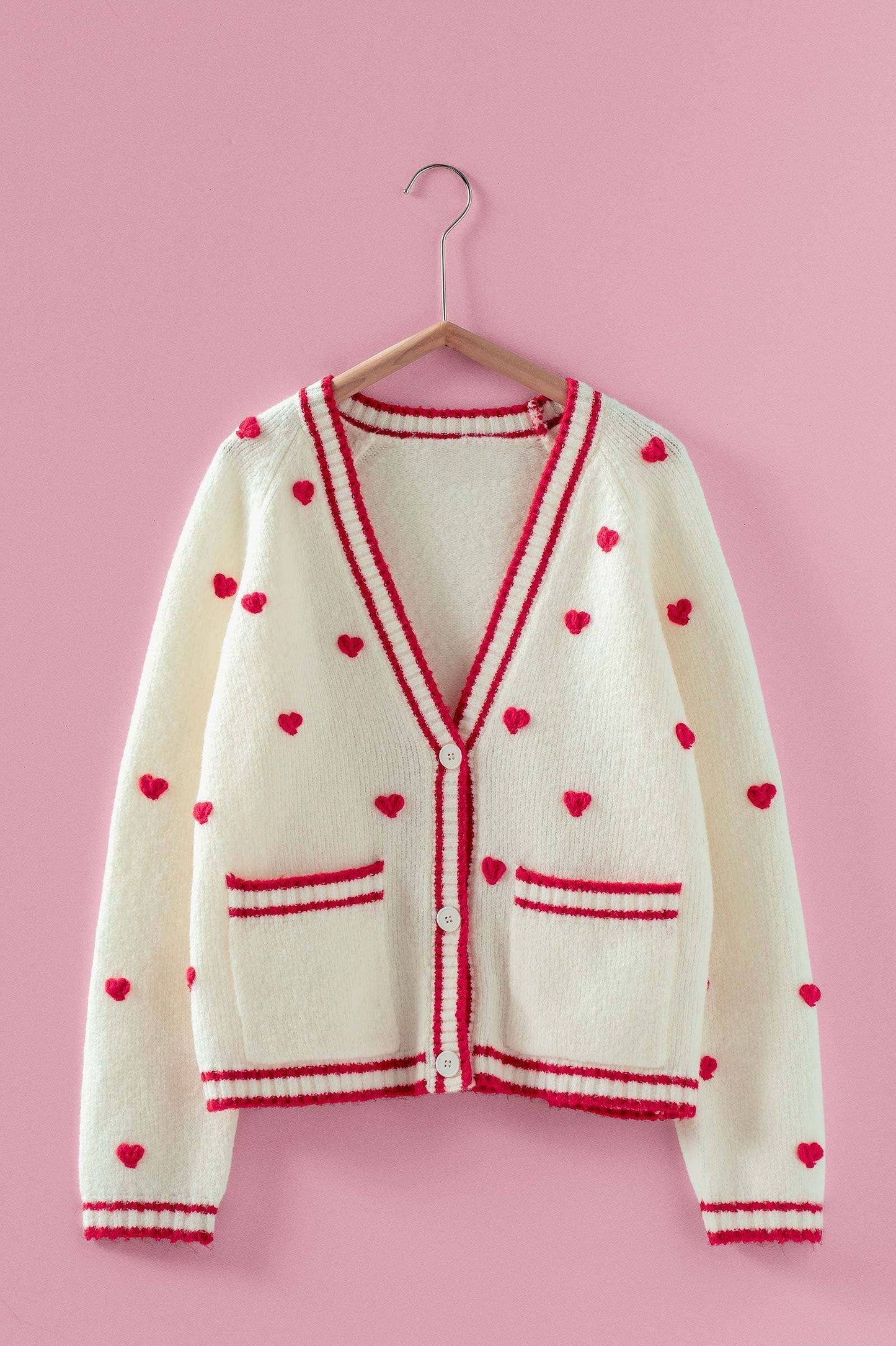Heart Pattern Contrast Trim Knit Cardigan