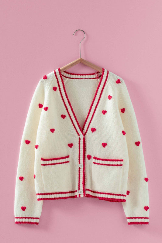 Heart Pattern Contrast Trim Knit Cardigan