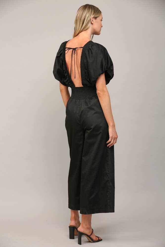 SMOCKED DETAIL OPEN TIE BACK JUMPSUIT